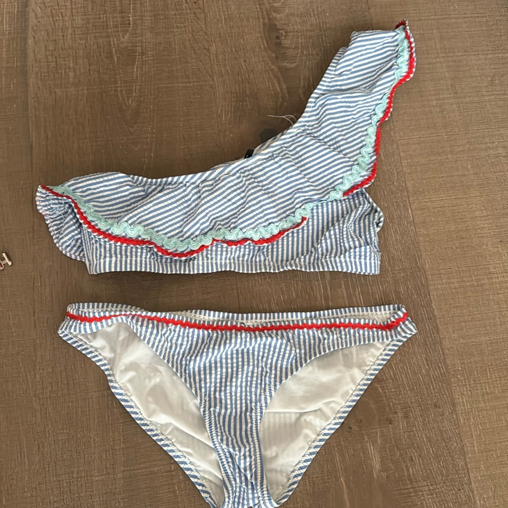 J crew blue white seersucker bikini size small summer preppy ruffle one shoulder